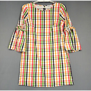 Crown & Ivy Dress Womens Small Multicolor Plaid Bell Sleeve Bow Accent Cotton